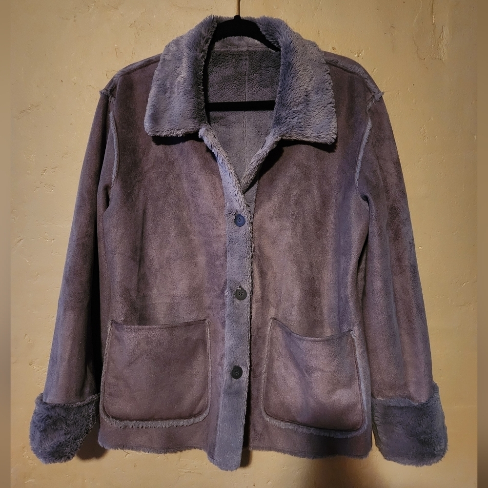 Brandon Thomas Reversible medium Furry Faux Suede Jacket Button Up Grayish Blue